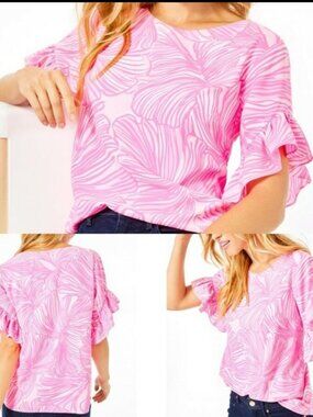Lilly Pulitzer Pink Darlah Floral Ruffle-Sleeve Top Blouse Relaxed Fit XS